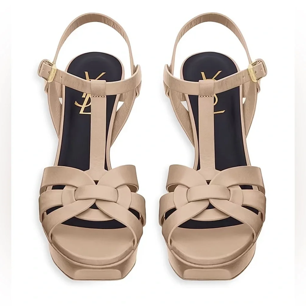 Saint Laurent Tribute Nude Powder 75MM Leather Platform Sandals